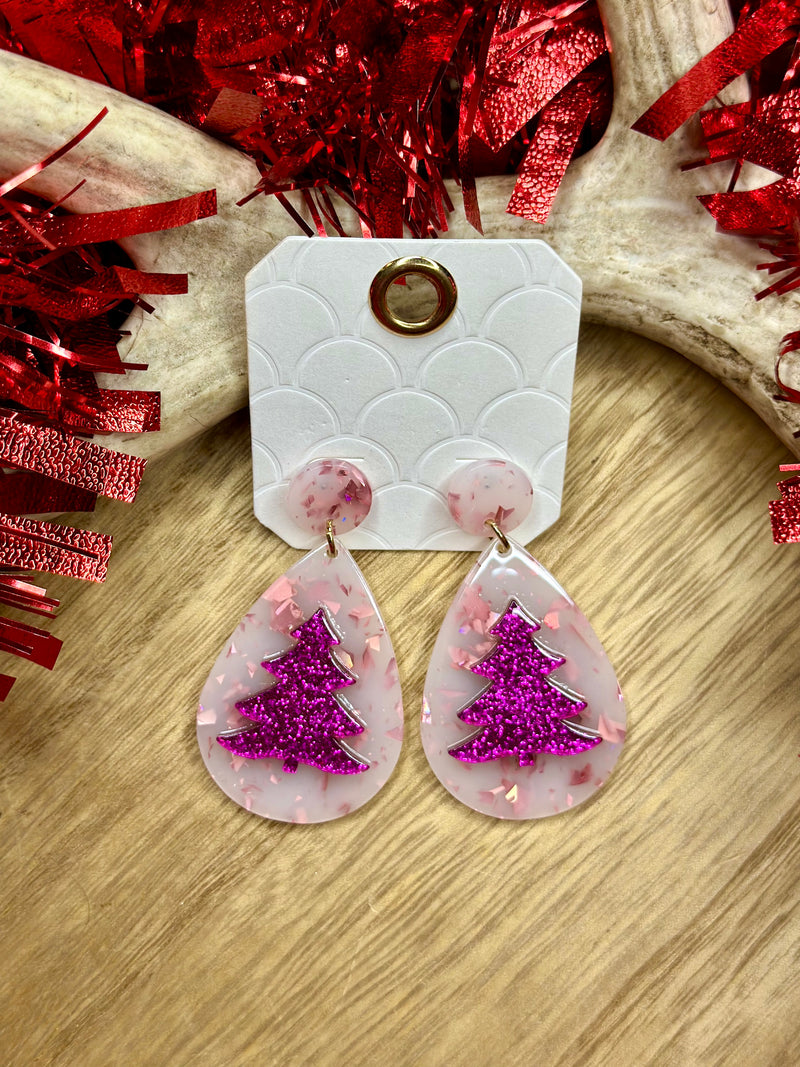 Pink Christmas Tree Earrings